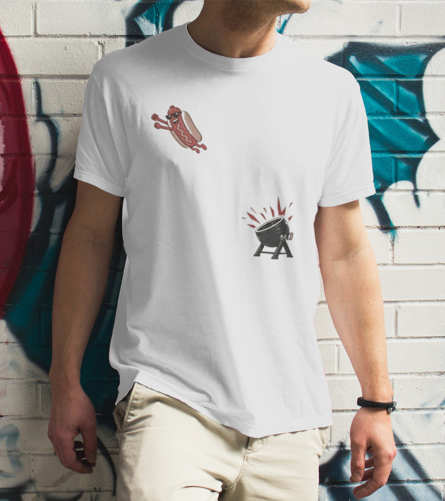 Hot Dog Jumping Into Grill Cartoon T-Shirt