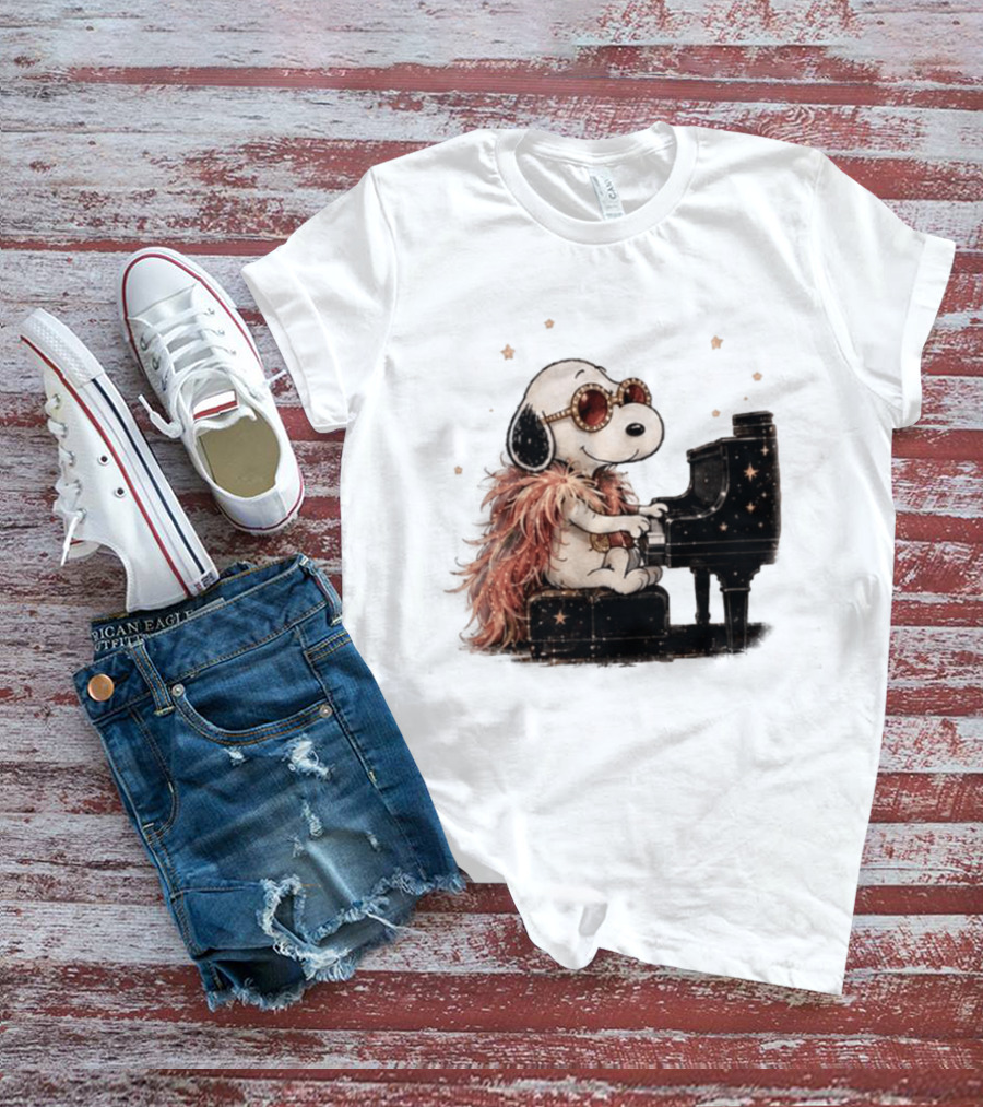 Snoopy Elton John Playing Piano Under Starry Nights T-Shirt