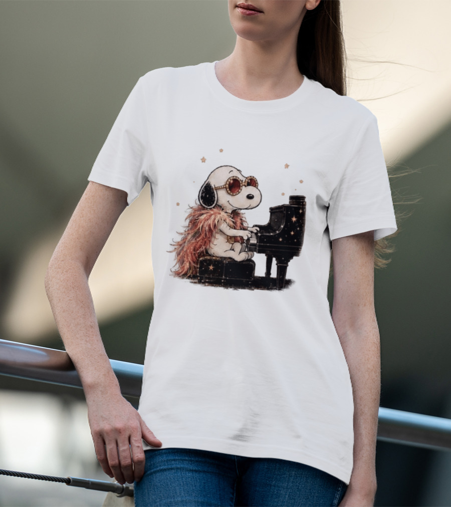 Snoopy Elton John Playing Piano Under Starry Nights T-Shirt