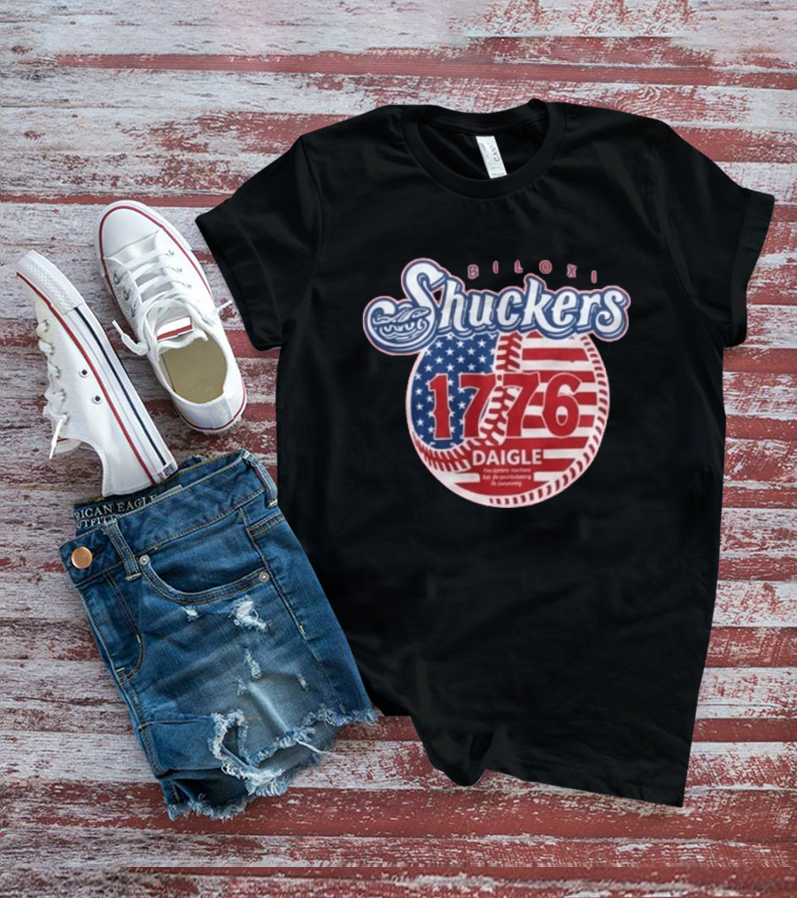 Biloxi Shuckers 1776 American Flag Baseball Daigle Text Stars Stripes T-Shirt