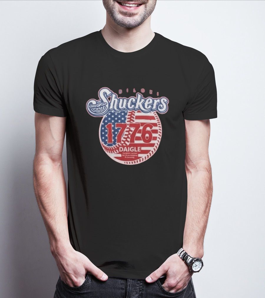 Biloxi Shuckers 1776 American Flag Baseball Daigle Text Stars Stripes T-Shirt