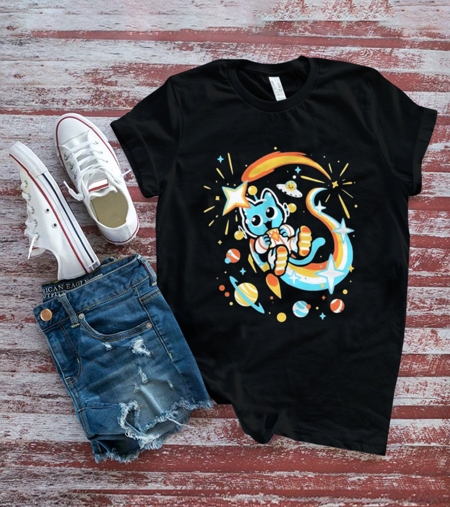 Cosmic Cat Cosmonaut Adventure In Stardust Space With Planets And Shooting Stars T-Shirt