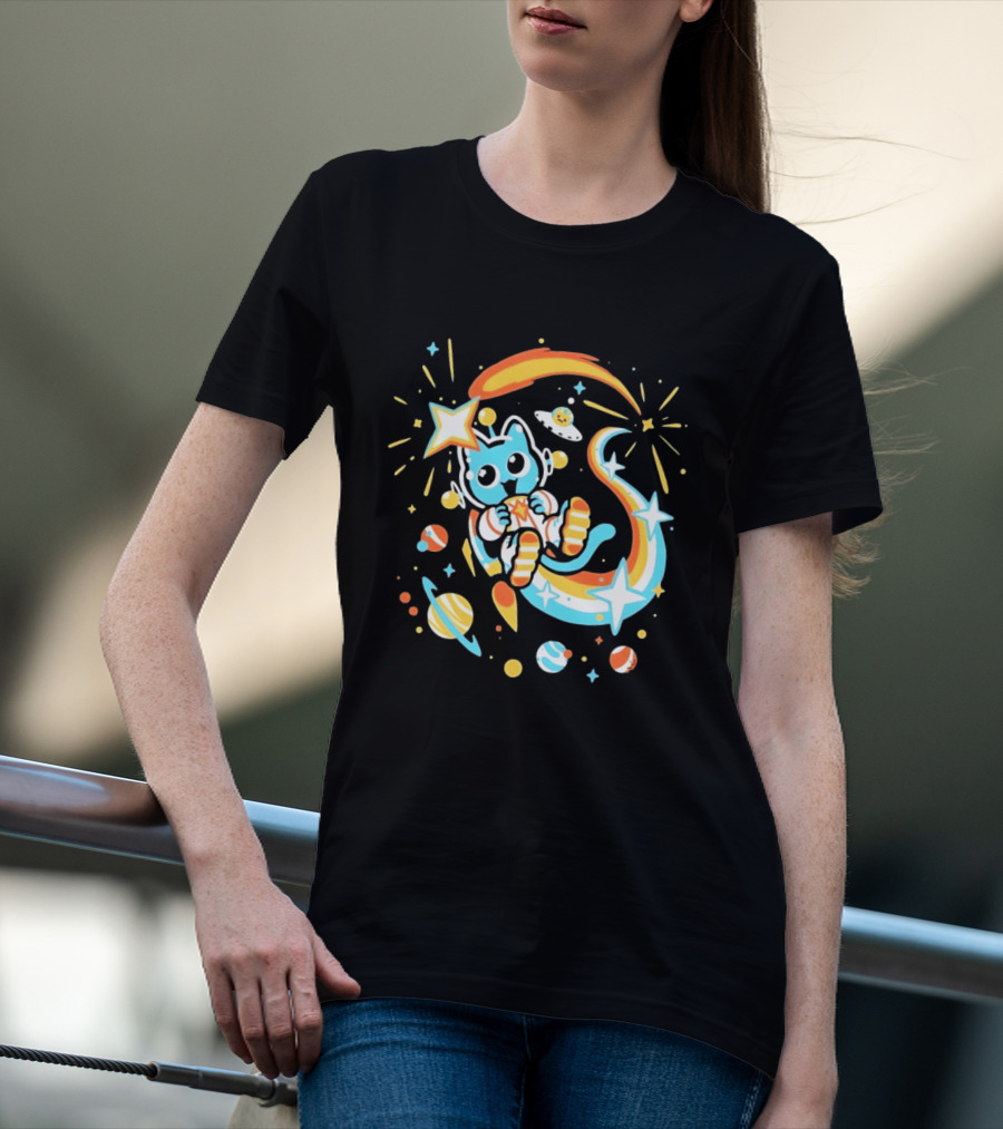 Cosmic Cat Cosmonaut Adventure In Stardust Space With Planets And Shooting Stars T-Shirt