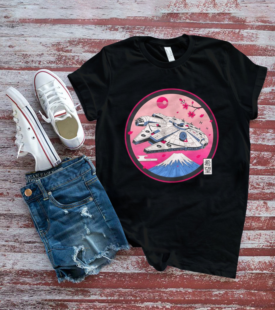 Millennium Falcon Over Fuji Cherry Blossoms Hope Kanji Circle T-Shirt