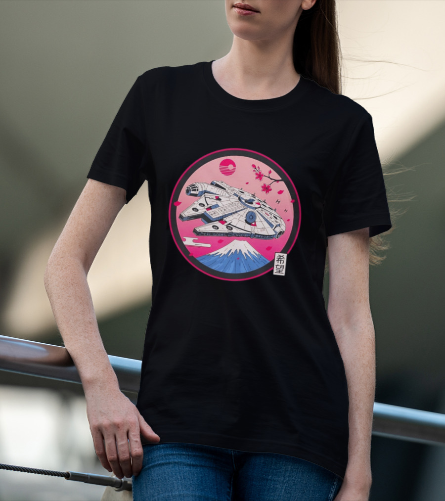 Millennium Falcon Over Fuji Cherry Blossoms Hope Kanji Circle T-Shirt