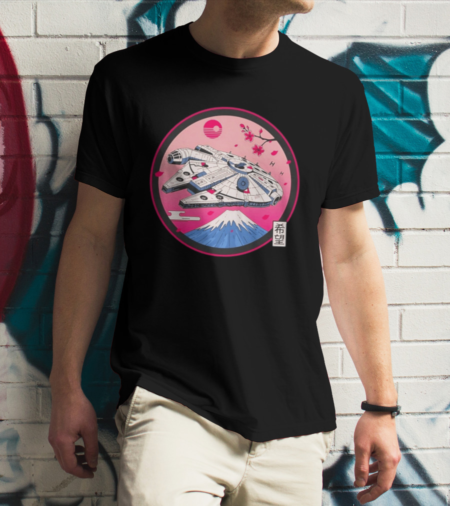 Millennium Falcon Over Fuji Cherry Blossoms Hope Kanji Circle T-Shirt