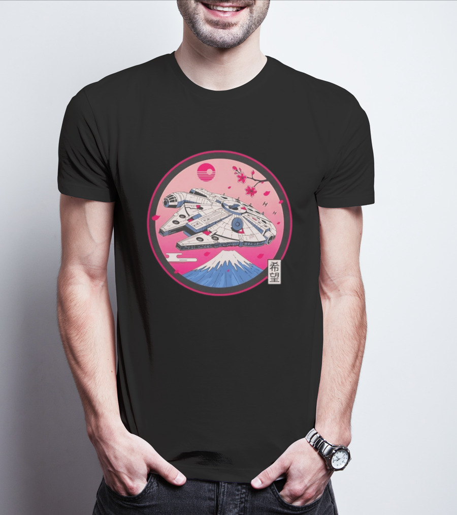 Millennium Falcon Over Fuji Cherry Blossoms Hope Kanji Circle T-Shirt