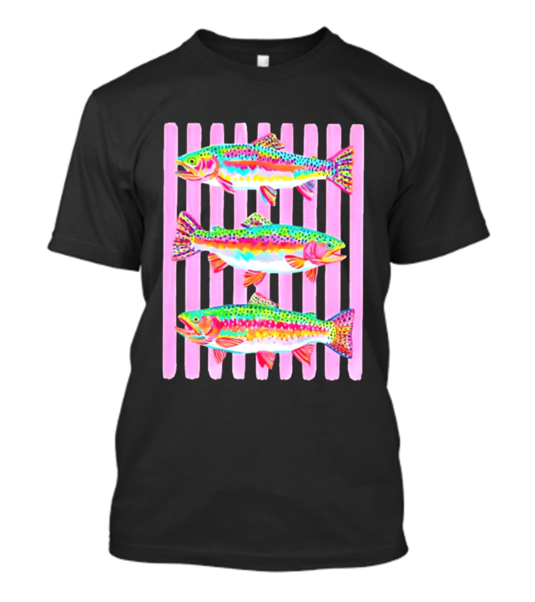 Rainbow Trout Fish Three Swimming Pink Vertical Striped T-Shirt
