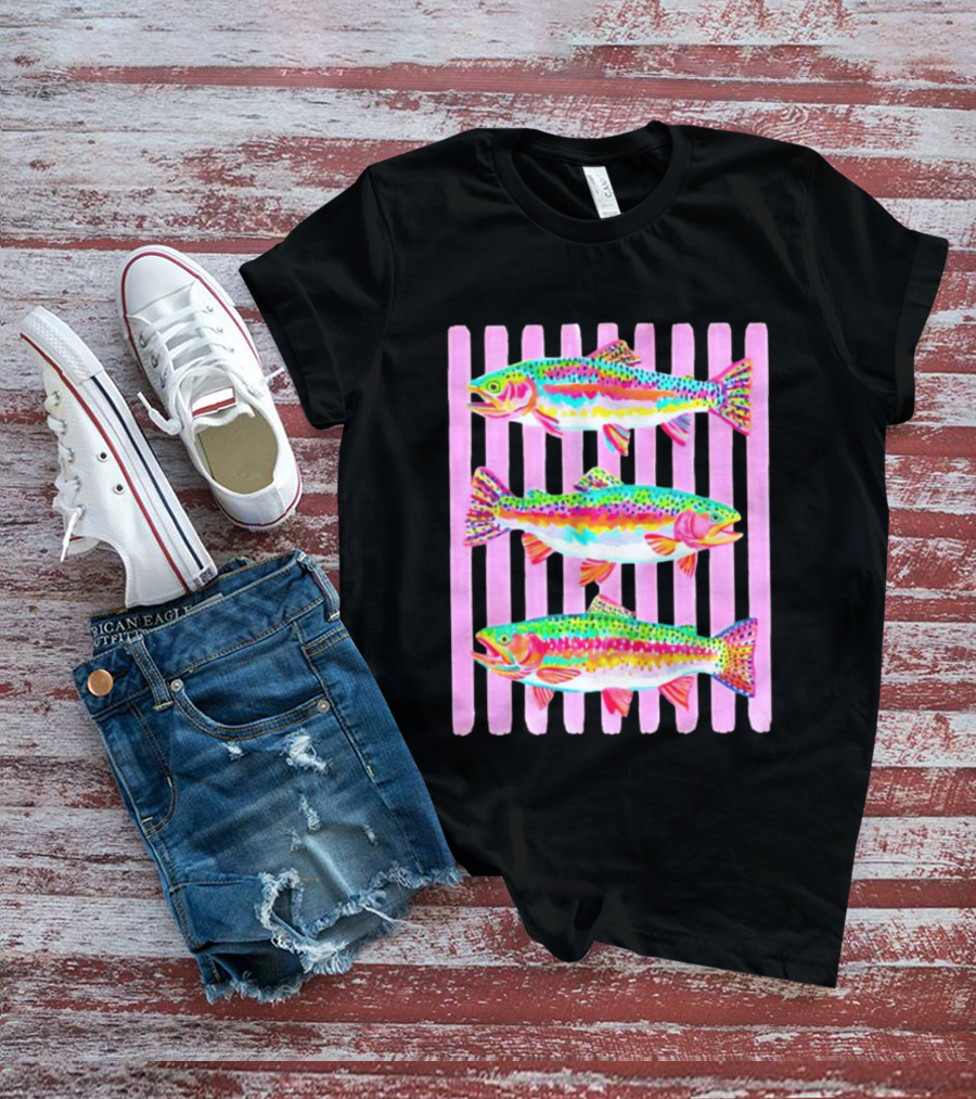 Rainbow Trout Fish Three Swimming Pink Vertical Striped T-Shirt