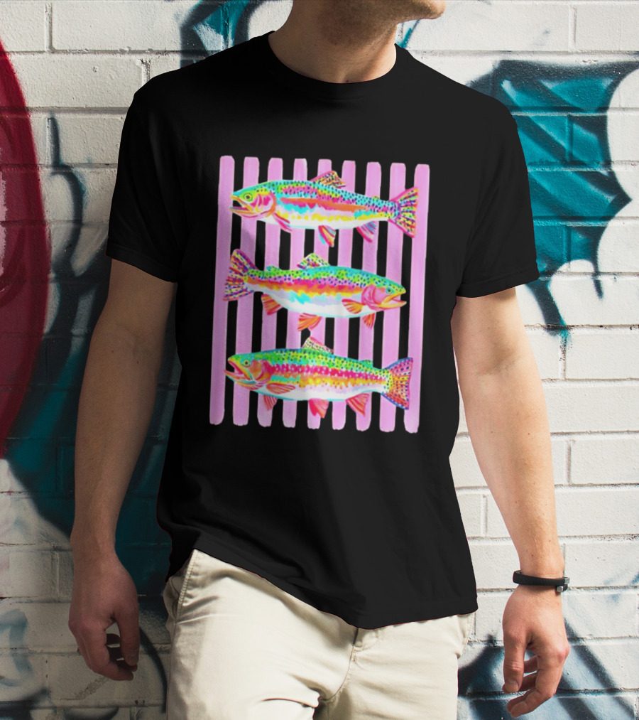 Rainbow Trout Fish Three Swimming Pink Vertical Striped T-Shirt