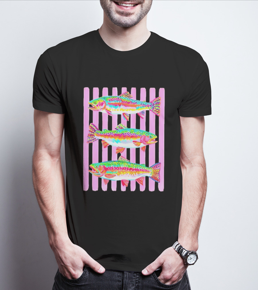 Rainbow Trout Fish Three Swimming Pink Vertical Striped T-Shirt
