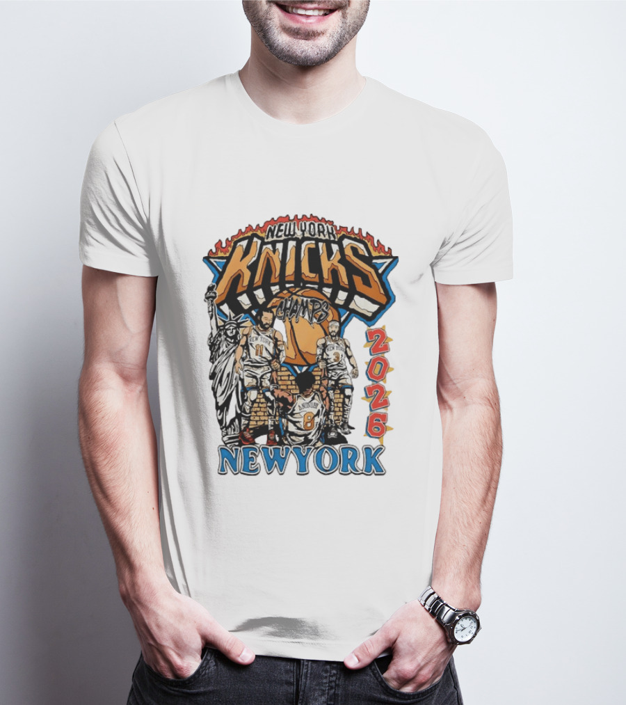 New York Knicks 2026 Champs Jalen Brunson OG Anunoby Josh Hart Statue Of Liberty T-Shirt