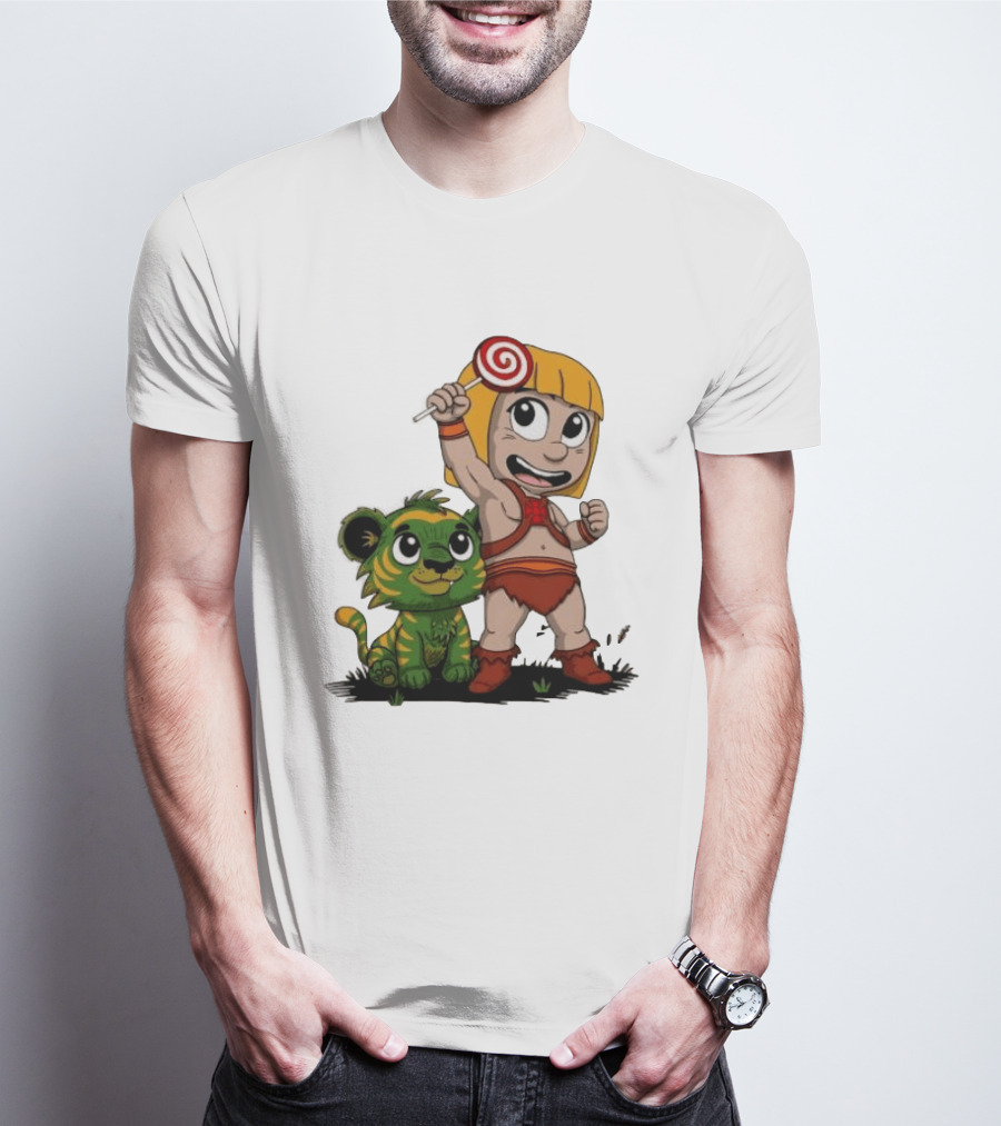 Master Of Kindergarten He Man Chibi With Tiger And Lollipop T-Shirt