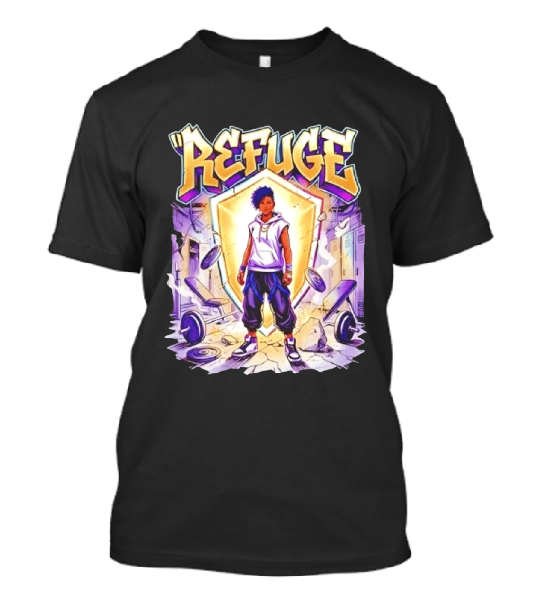 Refuge Strength God Shield Manga Style Weightlifting Motif T-Shirt