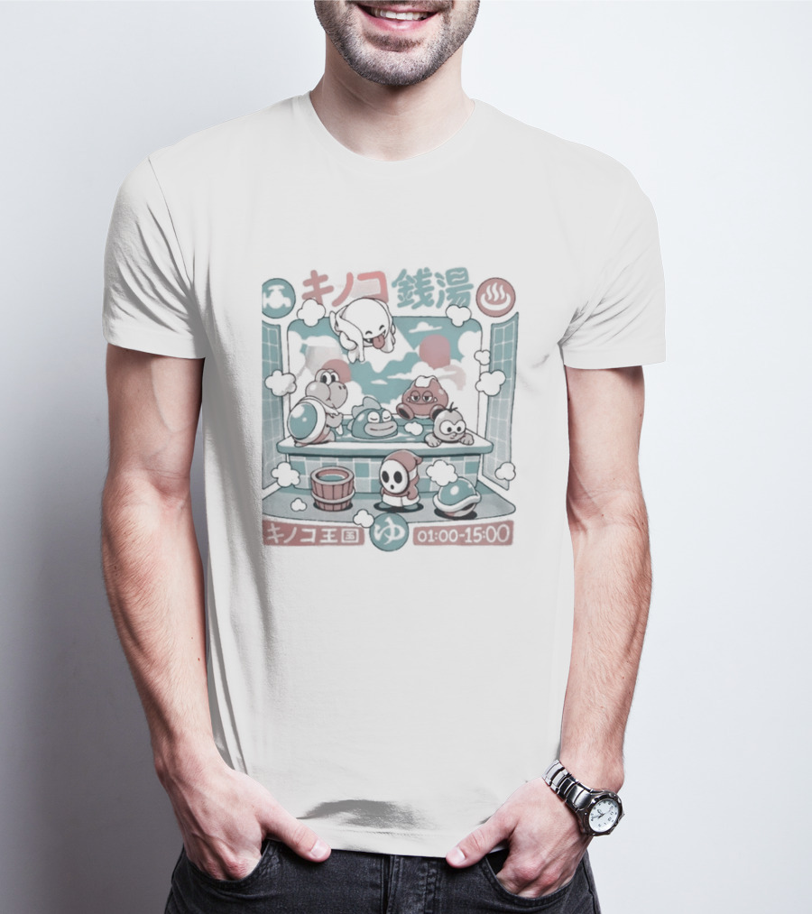 Mushroom Bathhouse Ilustrata Onsen Adventure Kanji Pixel T-Shirt