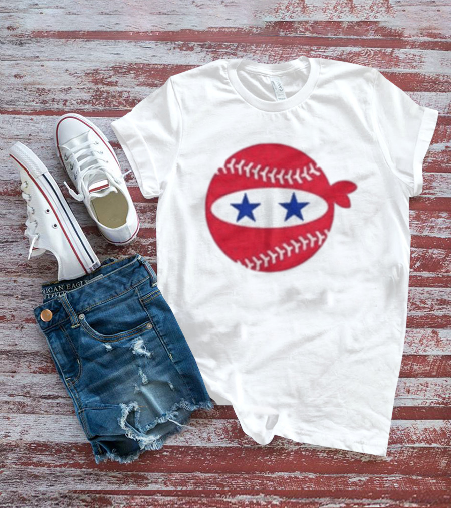 Pitching Ninja Baseball Two Blue Stars Red Baseball Stitches T-Shirt