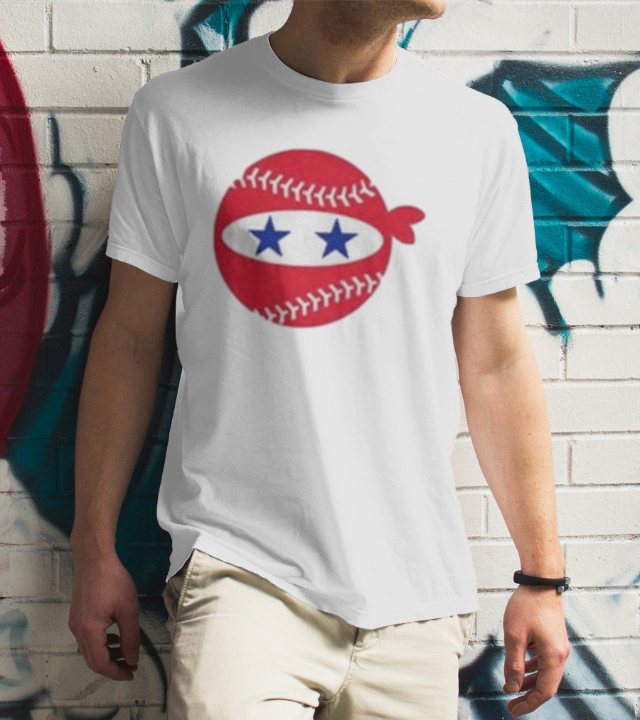 Pitching Ninja Baseball Two Blue Stars Red Baseball Stitches T-Shirt