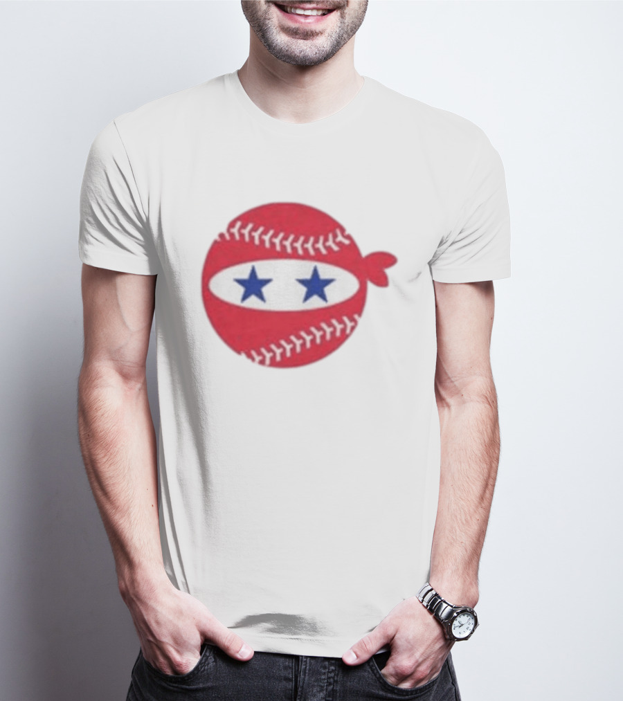 Pitching Ninja Baseball Two Blue Stars Red Baseball Stitches T-Shirt