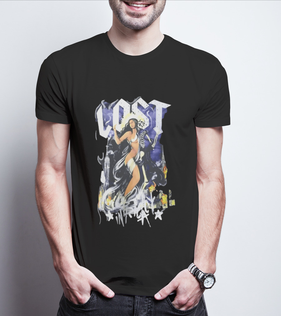 Lost Goddess Skeleton Embrace With City Skyline T-Shirt