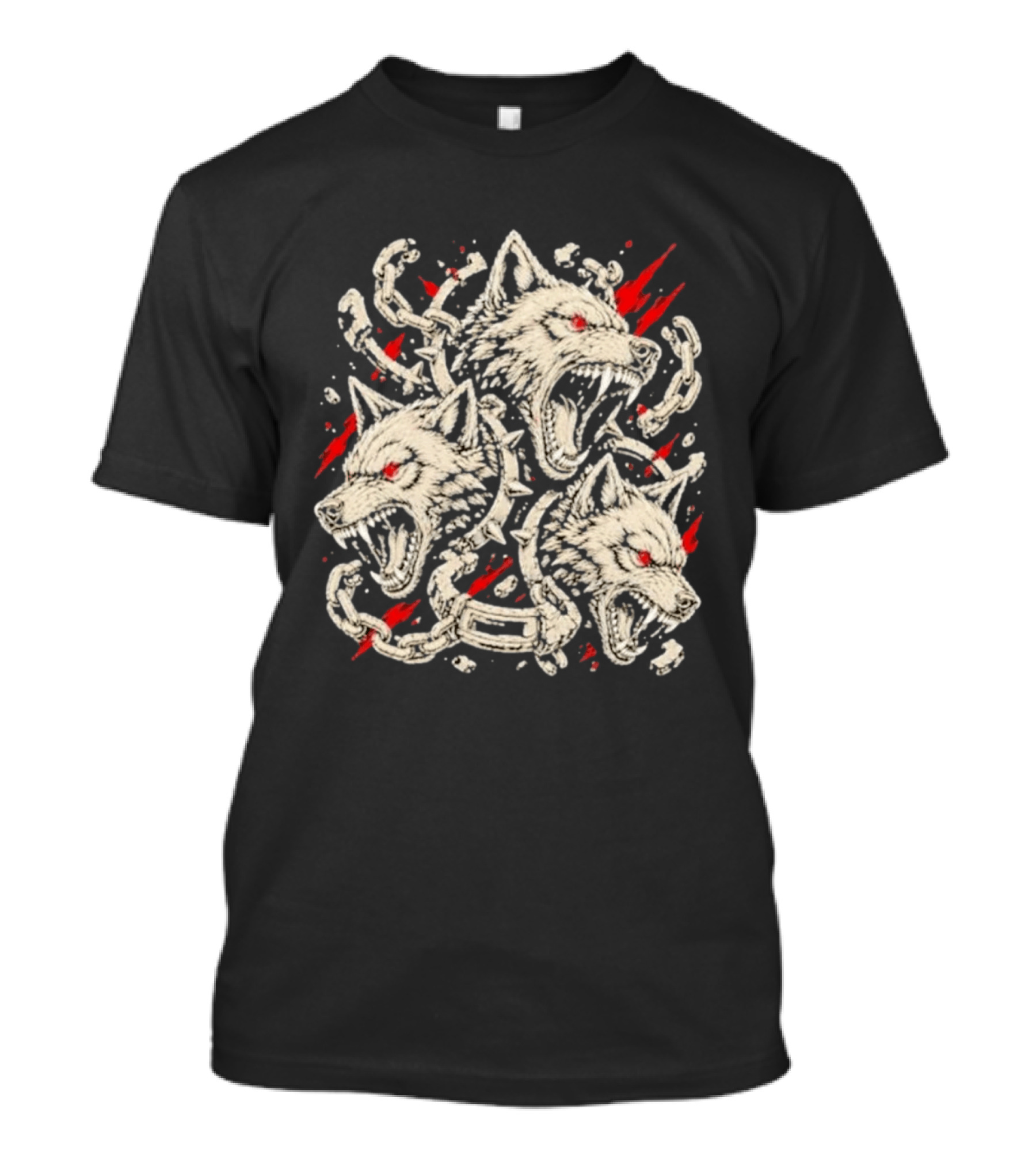 Three Headed Wolf Cerberus Mythical Beast Chains And Red Accents T-Shirt