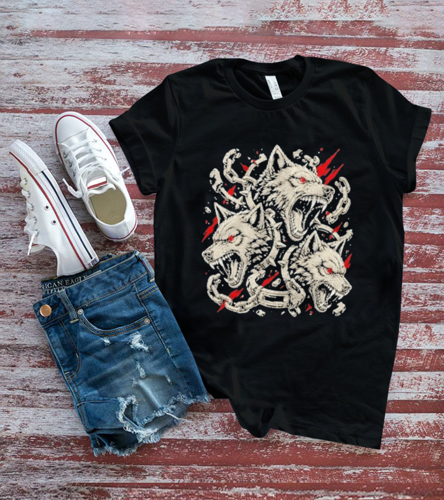 Three Headed Wolf Cerberus Mythical Beast Chains And Red Accents T-Shirt