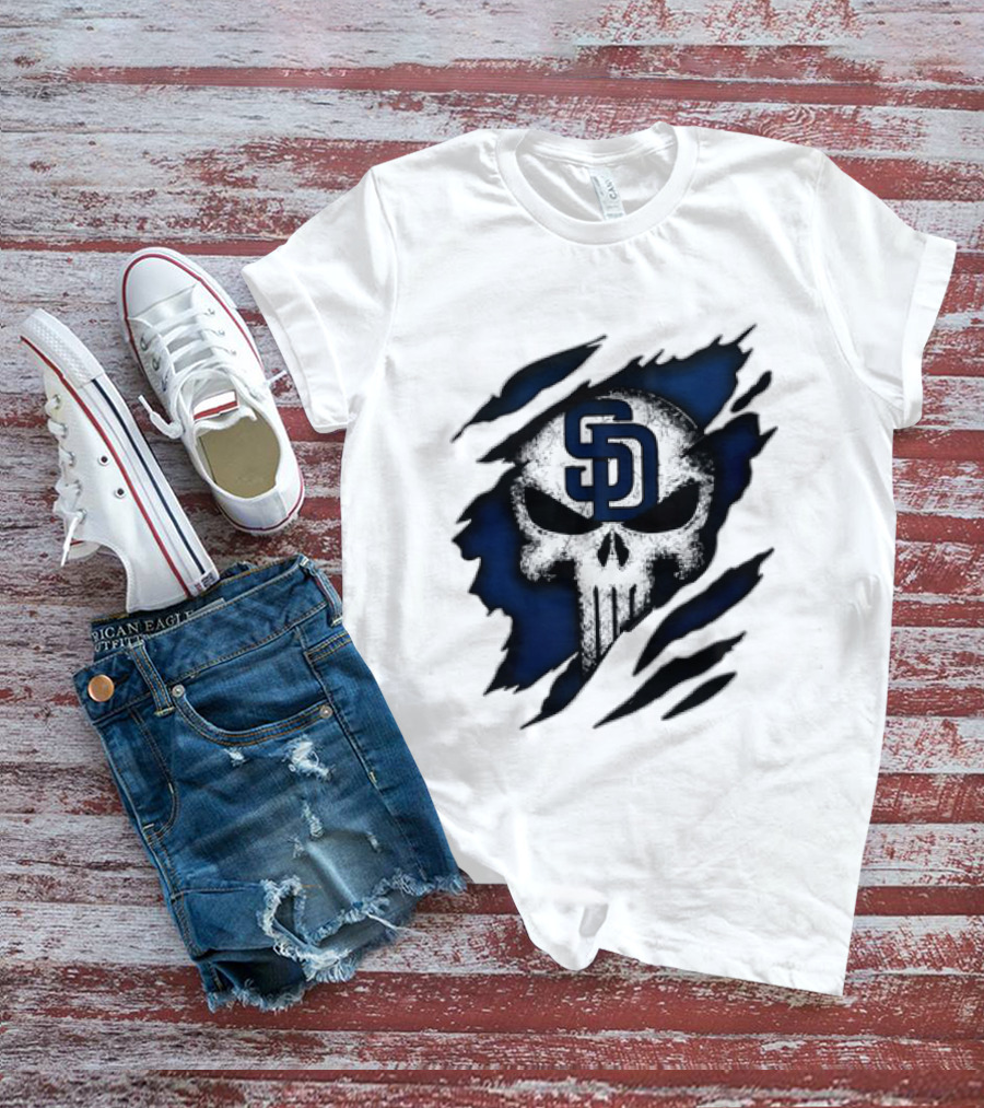 SD Punisher Skull Ripped Fabric San Diego Padres T-Shirt