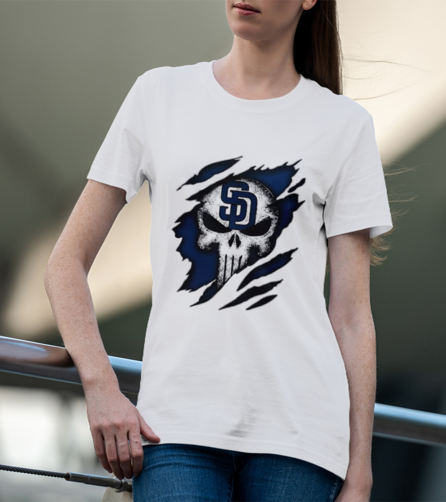 SD Punisher Skull Ripped Fabric San Diego Padres T-Shirt
