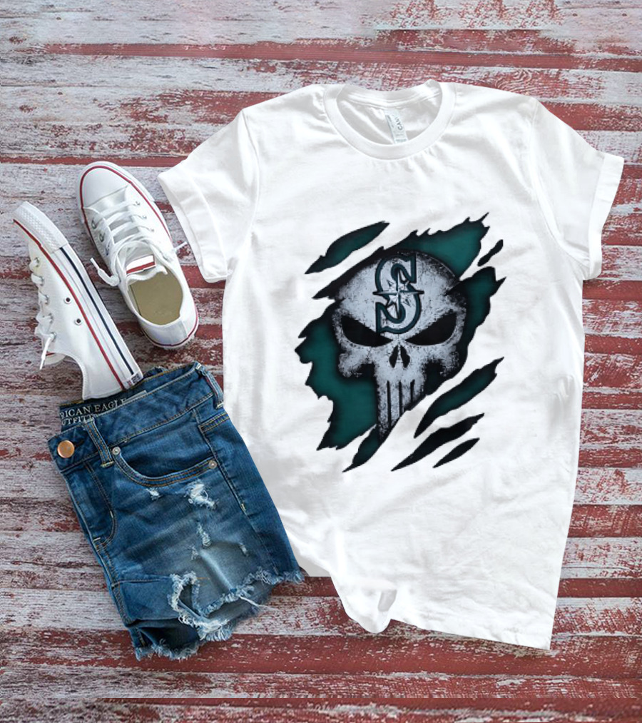Seattle Mariners Punisher Skull Grunge Tear Effect T-Shirt