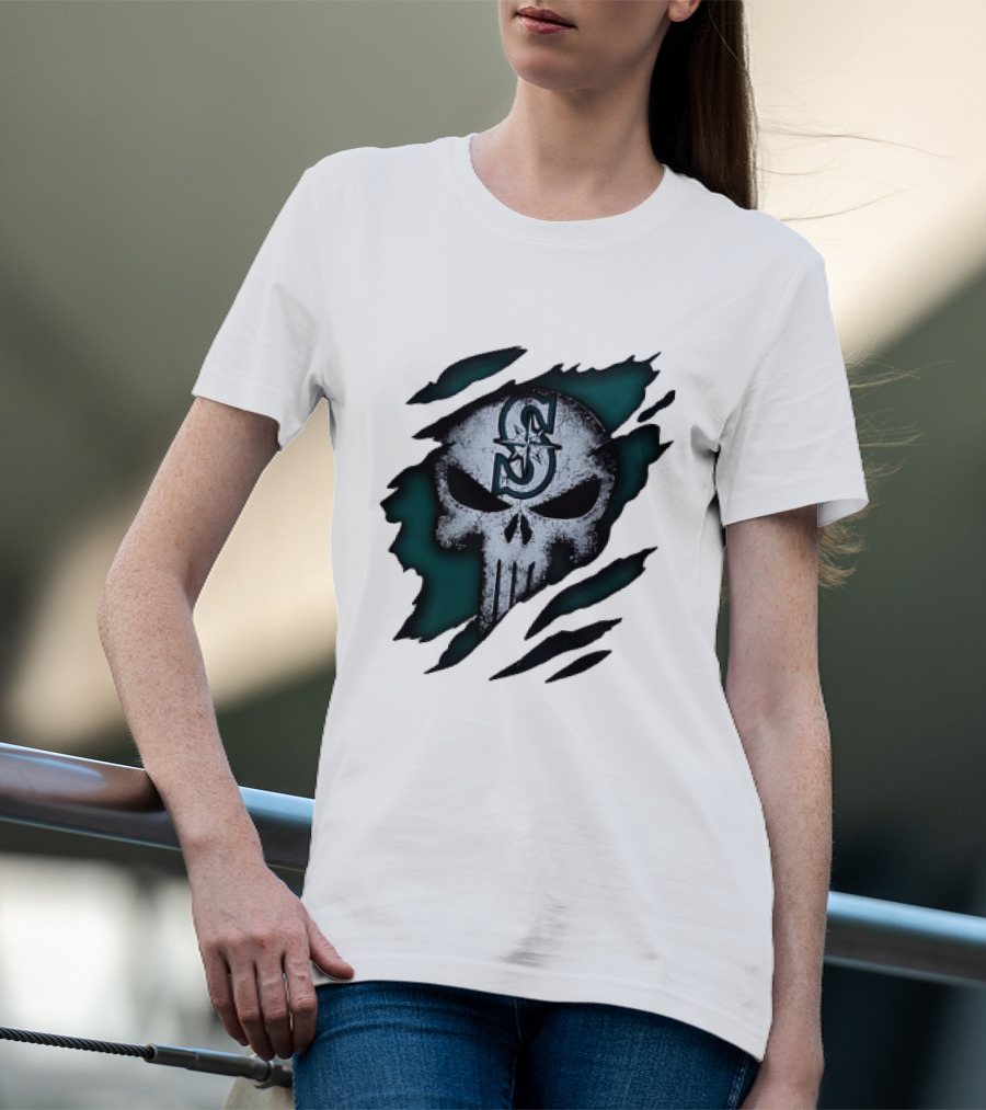 Seattle Mariners Punisher Skull Grunge Tear Effect T-Shirt