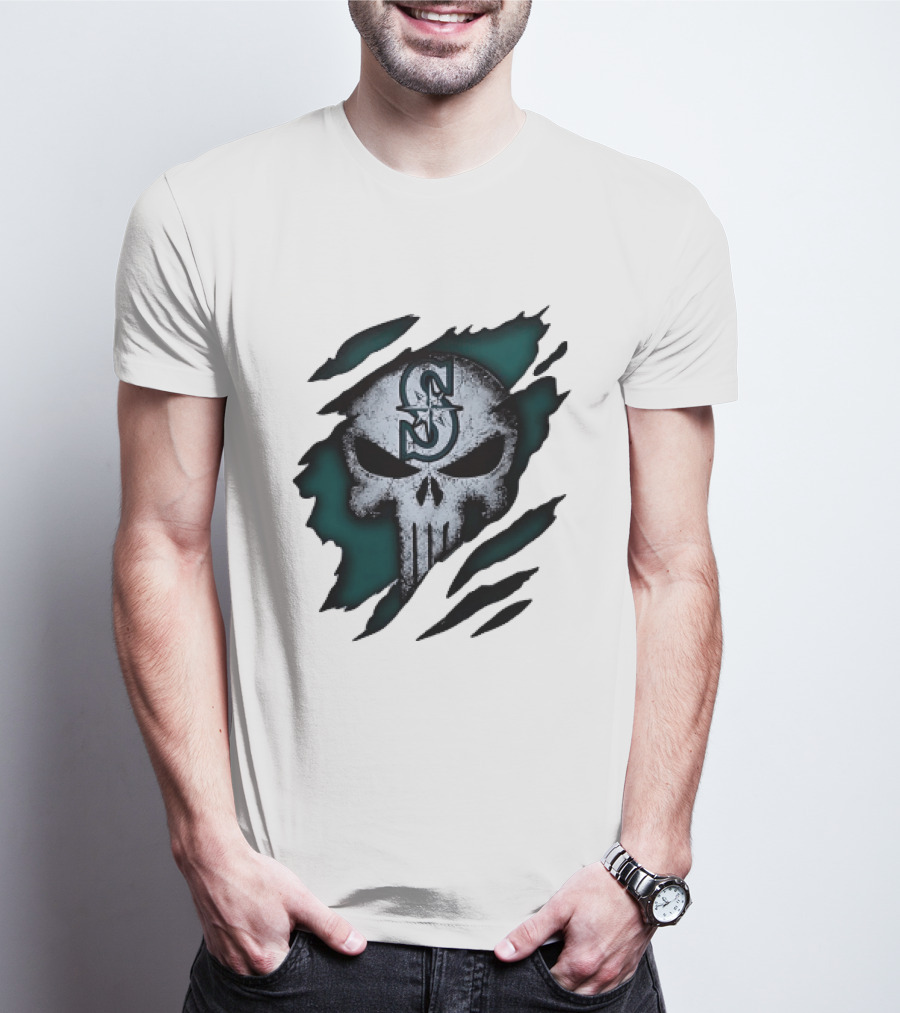 Seattle Mariners Punisher Skull Grunge Tear Effect T-Shirt
