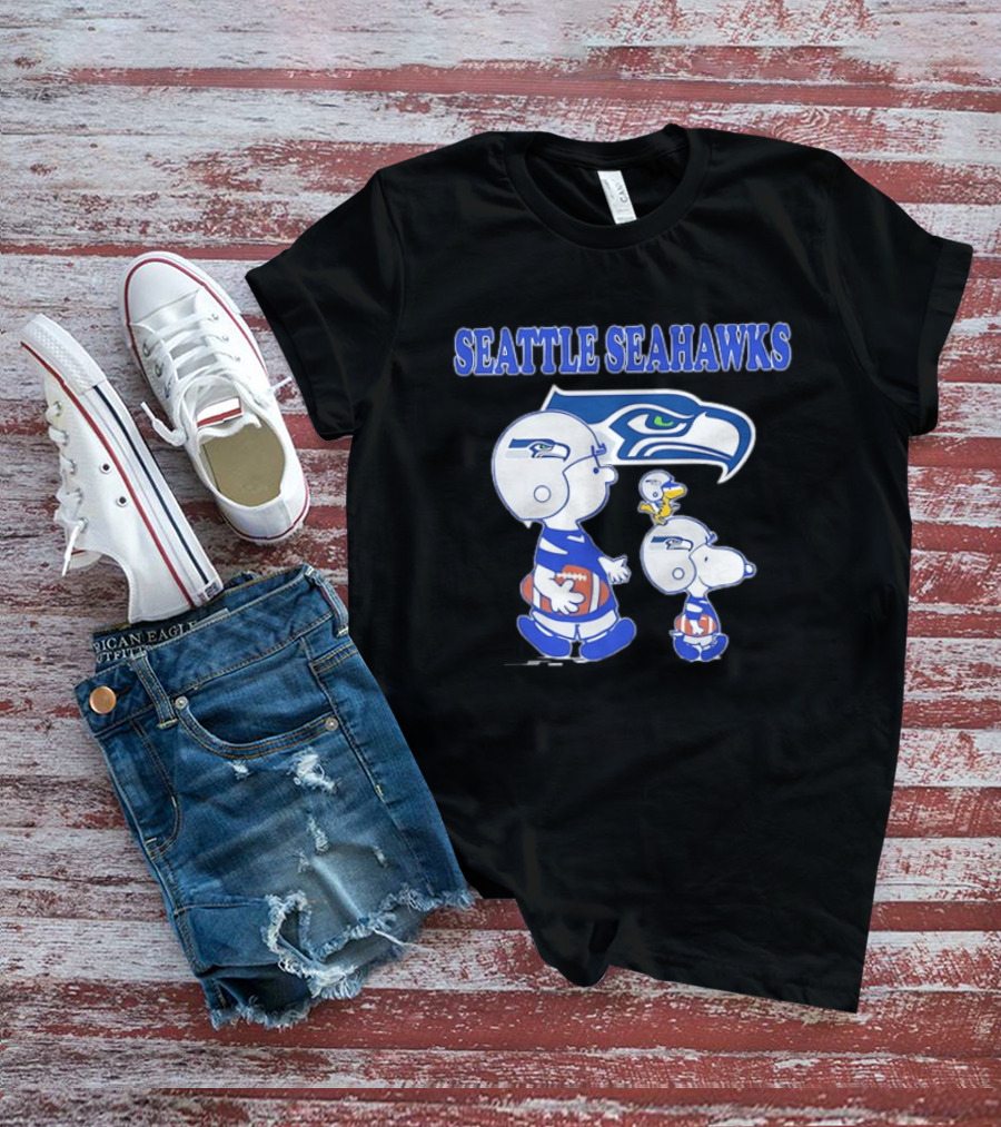 Peanuts Charlie Brown Snoopy Woodstock Playing Football Seattle Seahawks T-Shirt