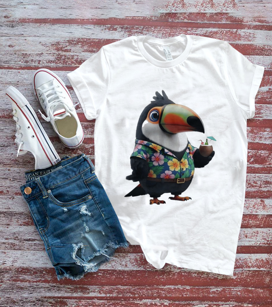 Cartoon Toucan In Hawaiian With Tropical Coconut Drink T-Shirt