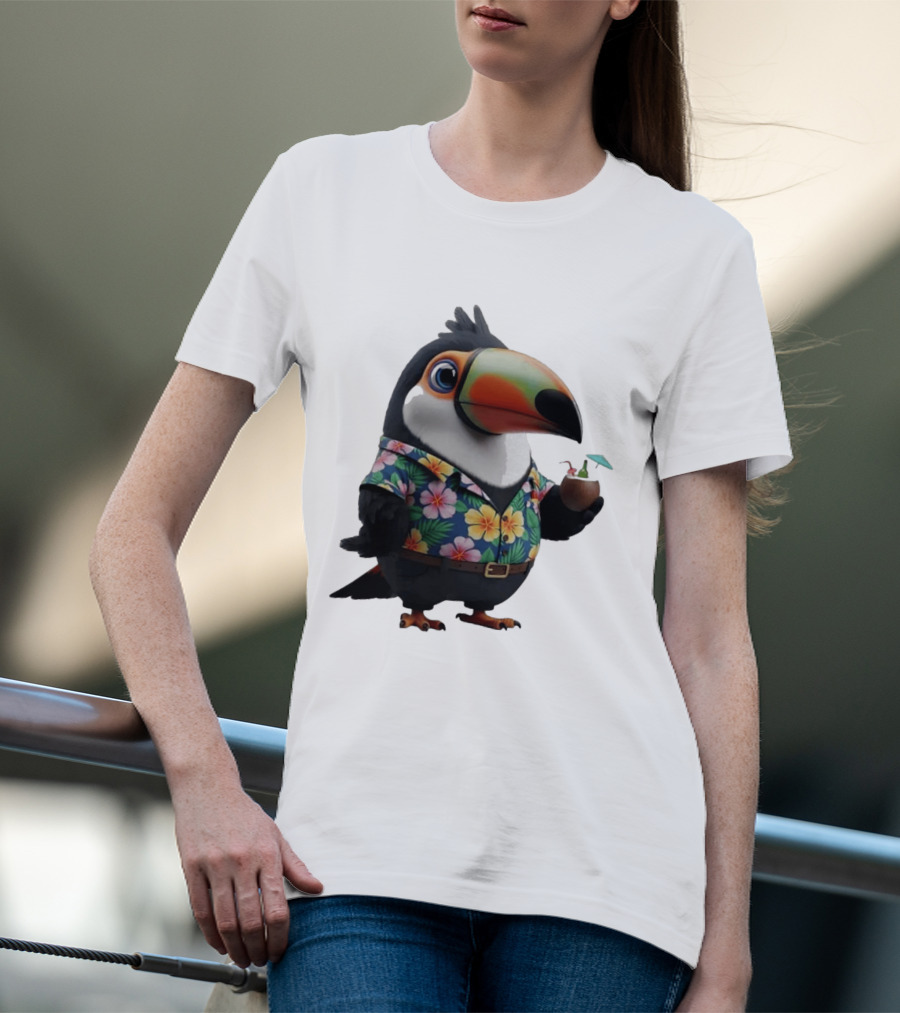 Cartoon Toucan In Hawaiian With Tropical Coconut Drink T-Shirt