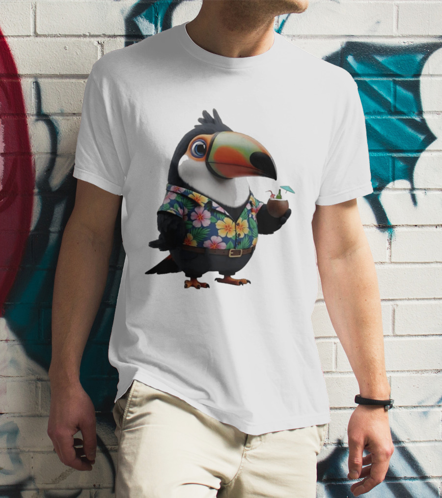 Cartoon Toucan In Hawaiian With Tropical Coconut Drink T-Shirt