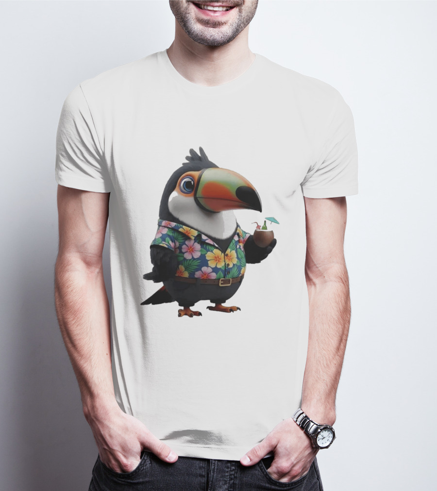 Cartoon Toucan In Hawaiian With Tropical Coconut Drink T-Shirt