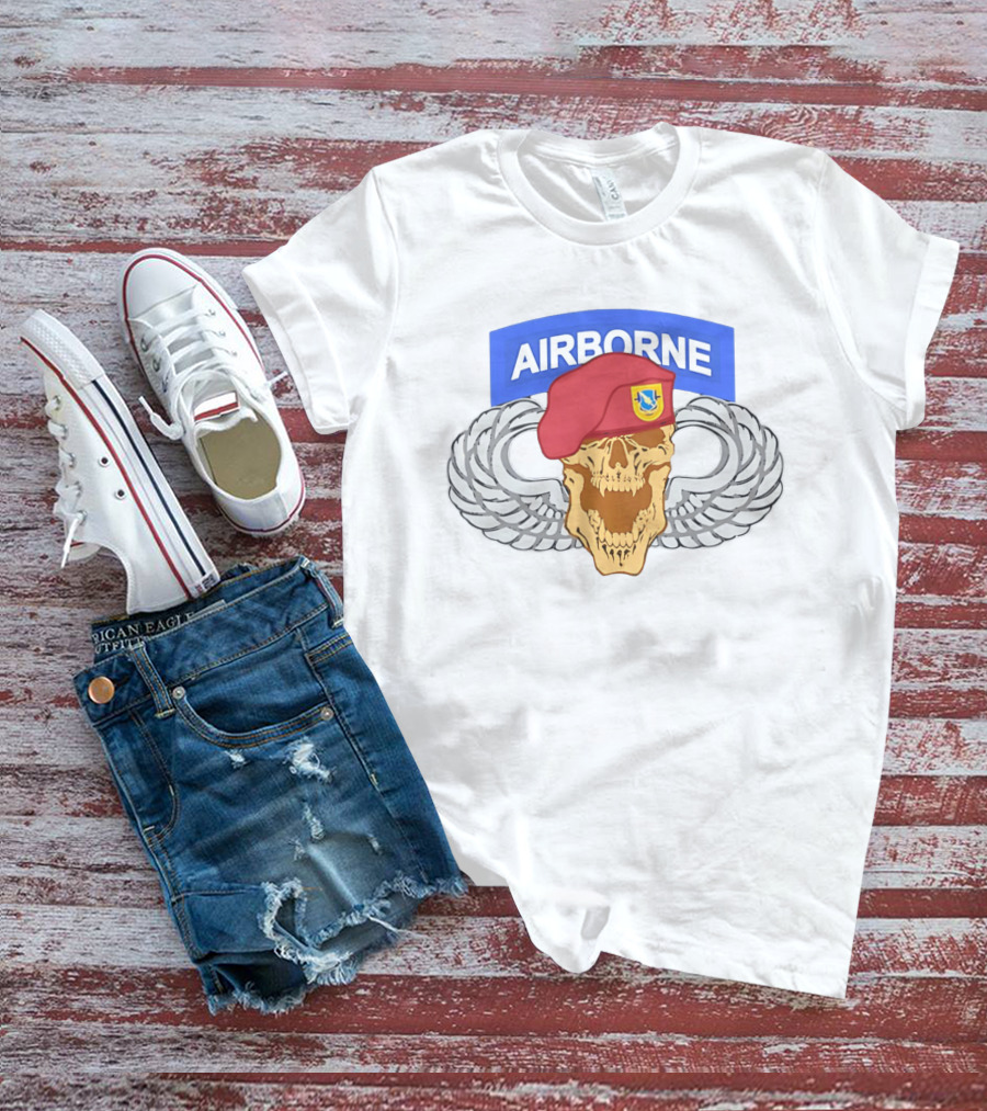 Airborne Skull Maroon Beret Parachutist Wings T-Shirt
