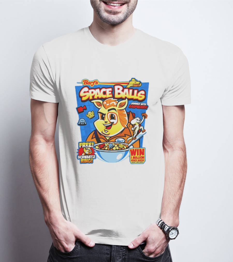Barf Space Balls Cereal Box Jammed With Raspberry Free Schwartz Ring Win 1 Million Space Bucks T-Shirt