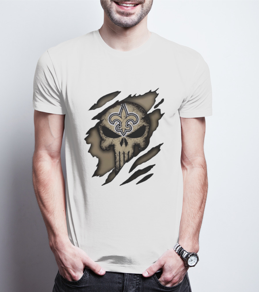 New Orleans Saints Punisher Skull Ripped Effect Fleur De Lis T-Shirt