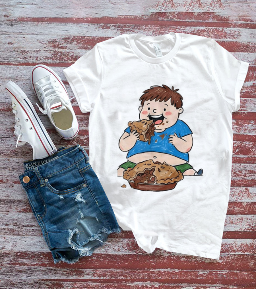 Funny Eating Pies Cartoon Boy Indulging In Delicious Pastry T-Shirt
