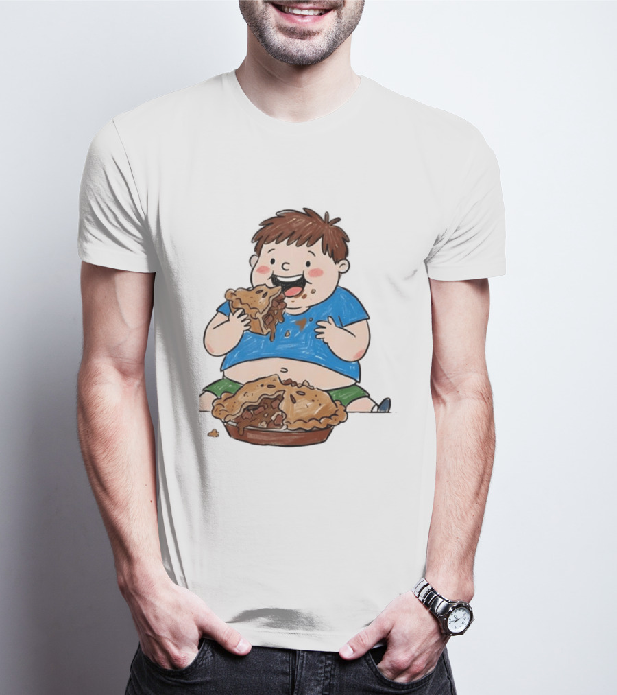Funny Eating Pies Cartoon Boy Indulging In Delicious Pastry T-Shirt