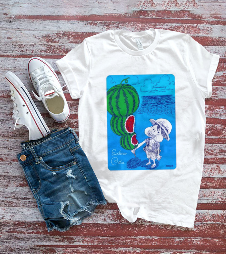 Monkey D Luffy Watermelon Eating Art By Eiichiro Oda One Piece Ocean Scene T-Shirt