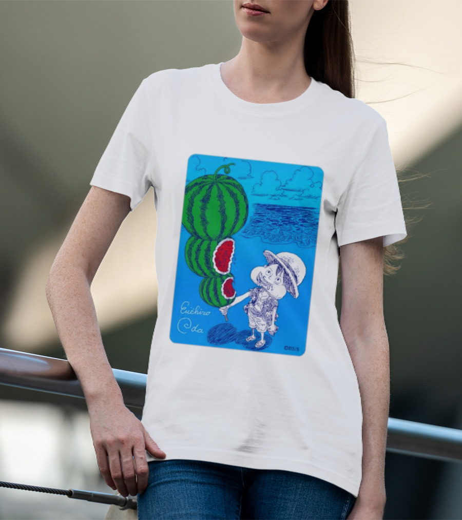 Monkey D Luffy Watermelon Eating Art By Eiichiro Oda One Piece Ocean Scene T-Shirt