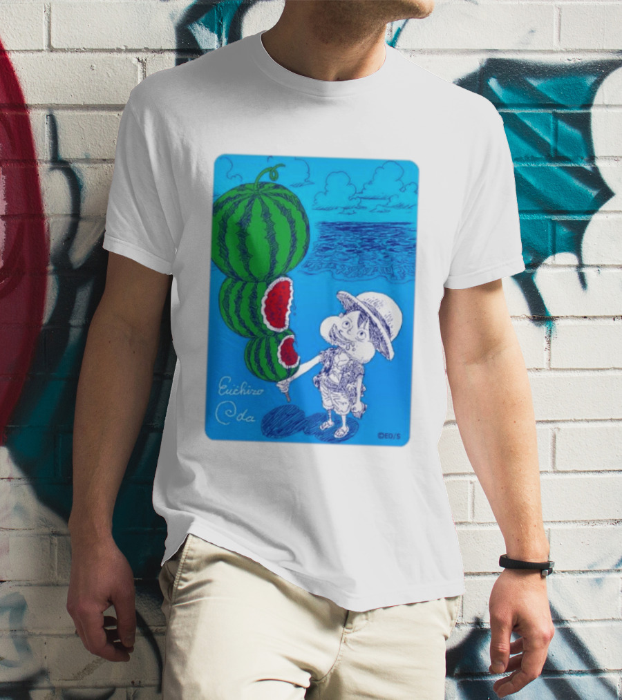 Monkey D Luffy Watermelon Eating Art By Eiichiro Oda One Piece Ocean Scene T-Shirt
