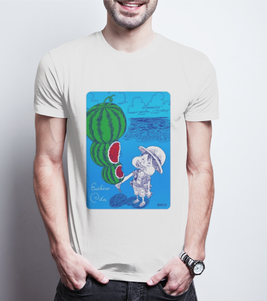 Monkey D Luffy Watermelon Eating Art By Eiichiro Oda One Piece Ocean Scene T-Shirt