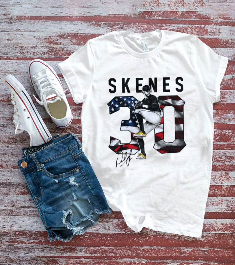 Skenes 30 Pitching Pose Pittsburgh Pirates American Flag Baseball T-Shirt