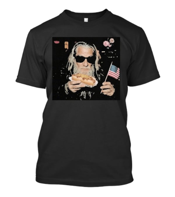 Hot Dog Wizard Holding American Flag Celebrating 4th Of July 2026 T-Shirt
