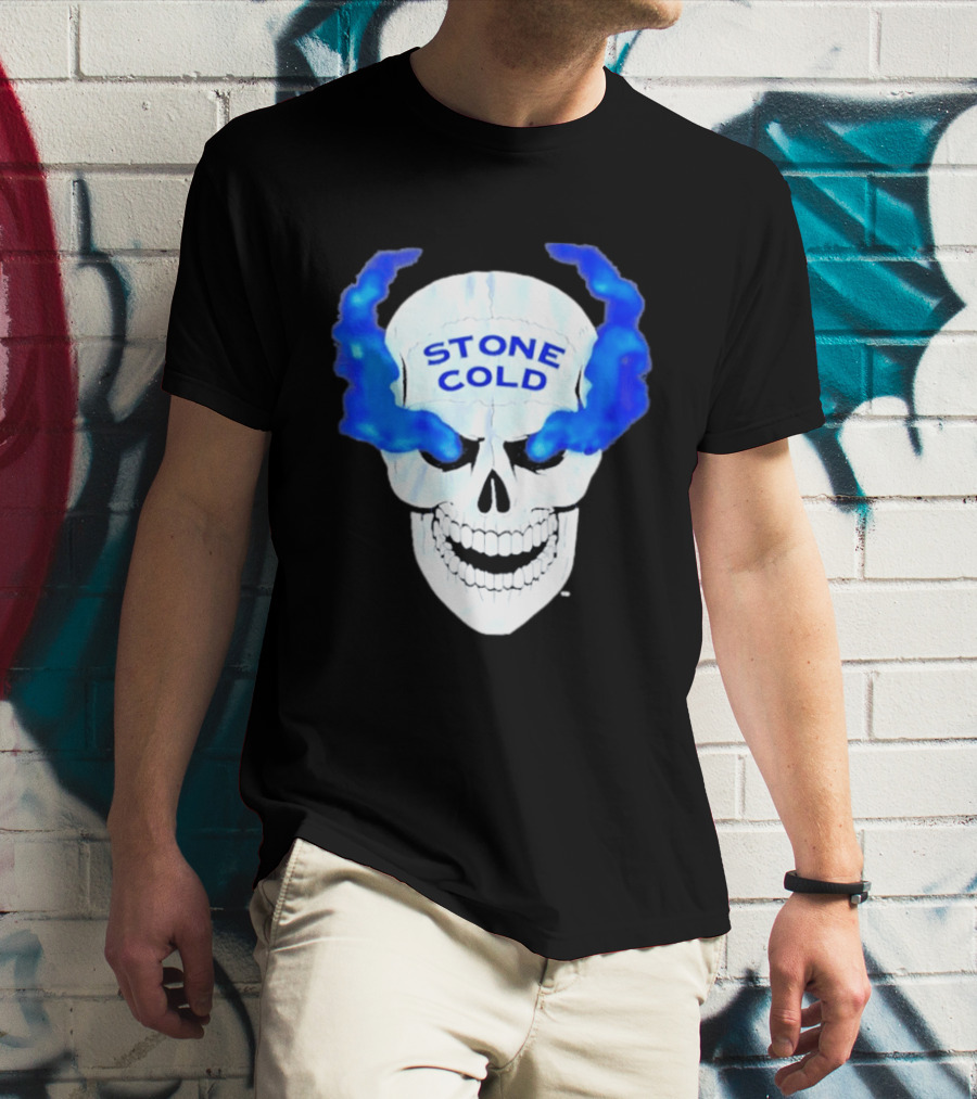 Stone Cold Skull WWE Wrestling Iconic Blue Flames T-Shirt