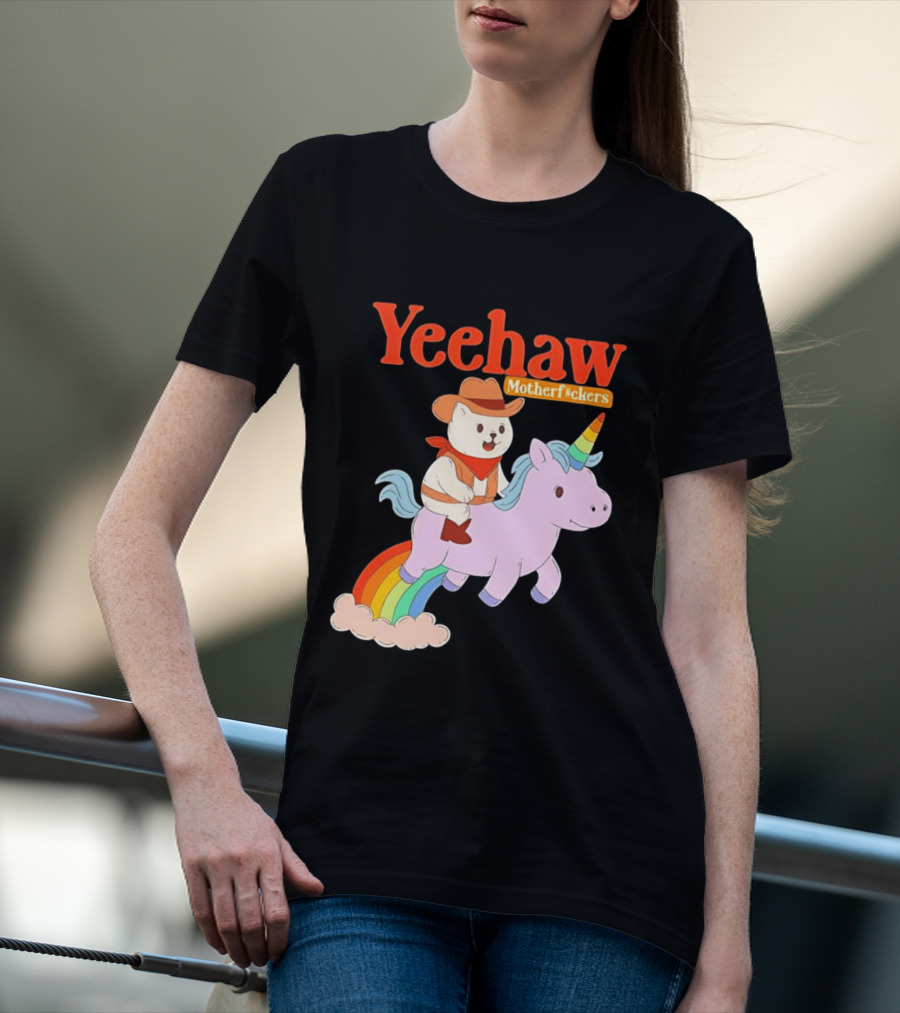 Yeehaw Motherfuckers Cat Cowboy On Rainbow Unicorn T-Shirt