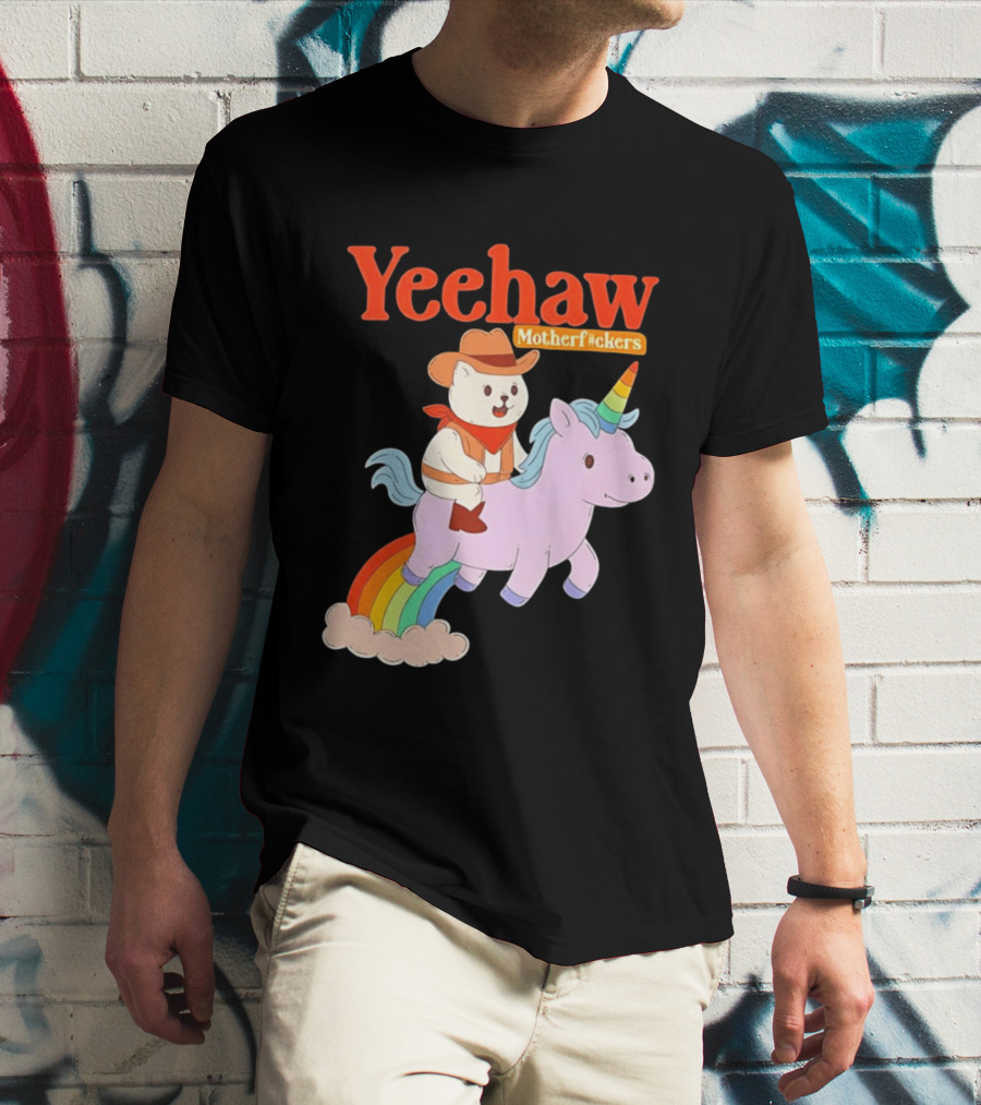 Yeehaw Motherfuckers Cat Cowboy On Rainbow Unicorn T-Shirt