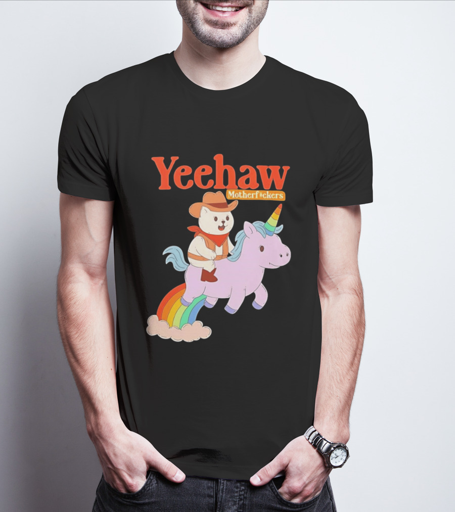 Yeehaw Motherfuckers Cat Cowboy On Rainbow Unicorn T-Shirt
